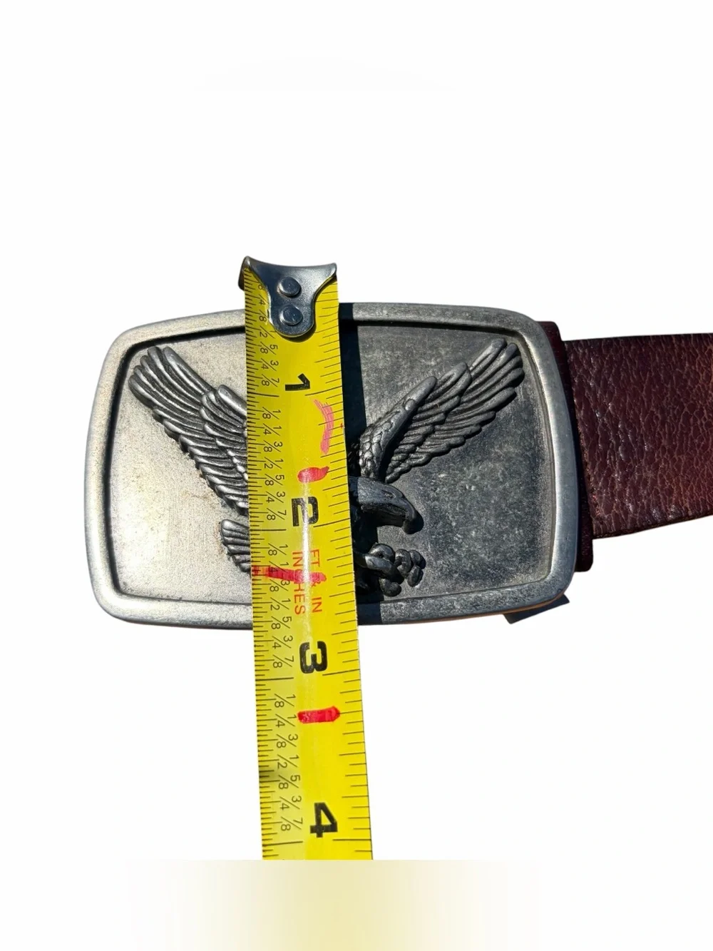 VINTAGE FOSSIL LEATHER BELT ANTIQUED PEWTER EAGLE BUCKLE BROWN 33-42” MEN
